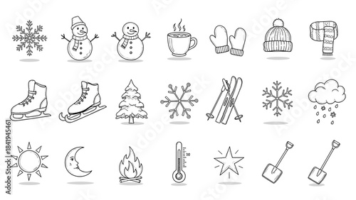 Set of hand drawn winter icons and symbols in sketch style