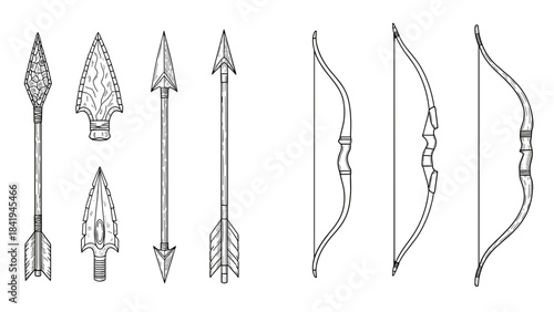 Collection of ancient arrowheads and traditional bows outline drawing