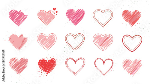 Set of hand drawn pink and red hearts in sketch style