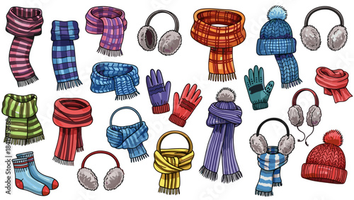 Collection of winter accessories scarves, hats, gloves, and earmuffs