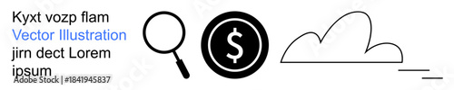 Business analysis, financial growth, savings, cloud computing, online storage, research. Magnifying glass, dollar sign icon cloud outline. Business analysis and financial growth concept