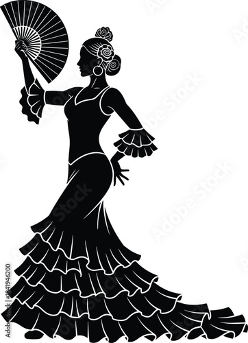 Spanish flamenco dancer silhouette, beautiful woman holding fan in traditional ruffled dress, black vector illustration isolated on white background for design logo.