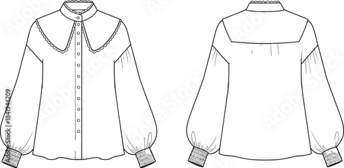 Women's blouse technical flat sketch vector illustration, featuring large scalloped collar, puff sleeves, and button placket for fashion design templates.