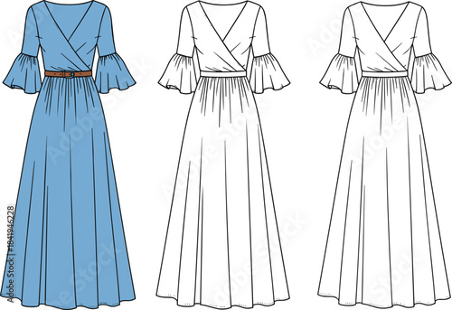 Women's long maxi dress vector illustration set featuring blue color, black outline, and technical sketch style for fashion design templates.