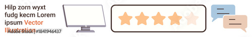 Online reviews, feedback tools, customer satisfaction, digital ratings, evaluation platforms, user communication. Display shows a monitor, five-star rating and chat bubbles. Online reviews