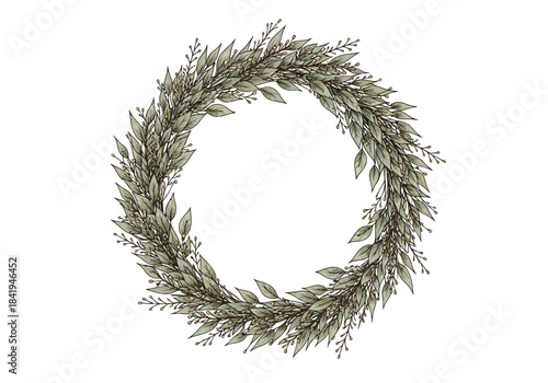 Watercolor wreath of dusty green leaves and small brown buds on a white background