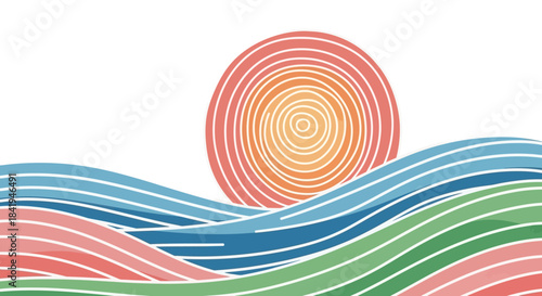 Abstract landscape illustration featuring a stylized sun rising over colorful wavy bands