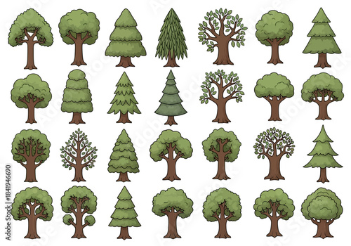 Pattern of 32 distinct green deciduous and coniferous tree illustrations on white