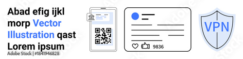 Data privacy, online identity, social media engagement, authentication, cybersecurity, digital protection. QR code on ID card, social media interface VPN shield. Data privacy and online identity