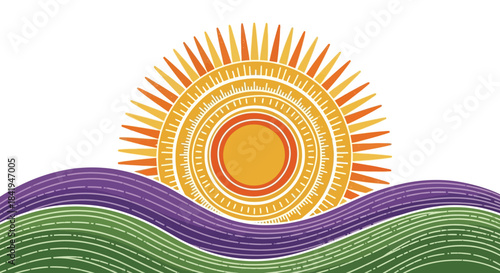 Stylized sun rising over purple and green rolling hills with texture