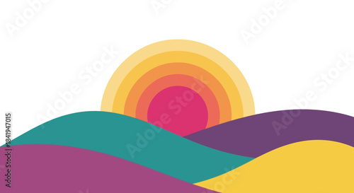 Stylized sunset or sunrise over colorful undulating hills