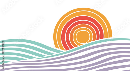 Stylized sunset over wavy striped sea or hills in warm and cool colors