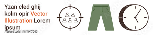 Marketing design, target focus, time management, fashion industry, minimalism, graphic design. Visual includes a target with people, green pants and a clock. Marketing and target focus concepts