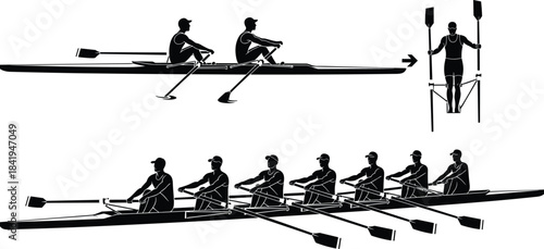 Rowing sports set featuring two and eight-person racing shell crews with oars, competitive water sport activity silhouettes, team collaboration and boat speed illustration.