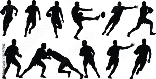 Rugby Players in Dynamic Action Silhouettes Set, Vector Illustration of Running, Kicking, and Tackling Poses, Sports and Team Game Design Elements