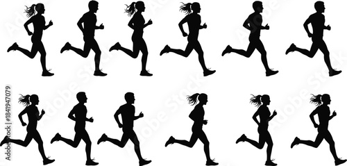 Running people silhouettes black vector illustration set of men and women doing cardio exercises, jogging, marathon, fitness training, and race competition on white background, group of runners 