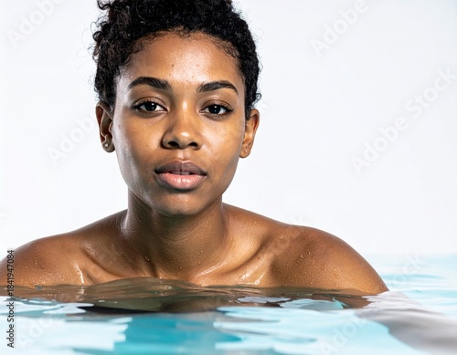 Realistic woman swimming in clear water, summer lifestyle scene