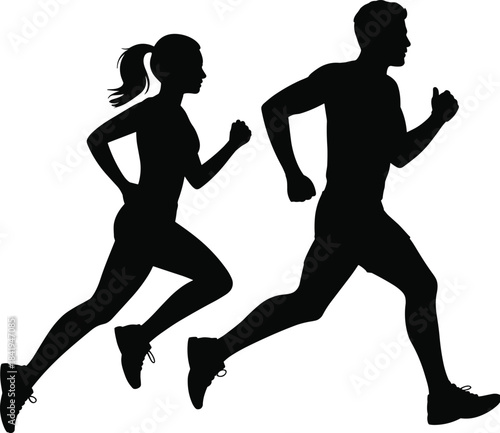 Running silhouette of man and woman, fitness vector illustration, athletic motion, exercise concept, black graphic design, healthy lifestyle, sports activity