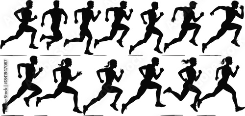 Running silhouette vector illustration, black male and female athlete icons, sprint motion sequence, sports posture design, fitness movement graphic, white background