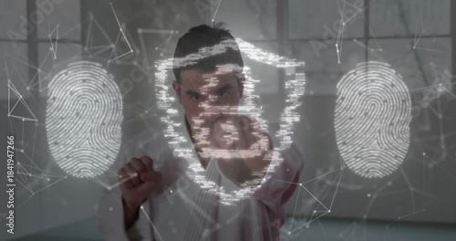 Man initiating digital overlay and pushing hologram shield, stabilizing fingerprint security access