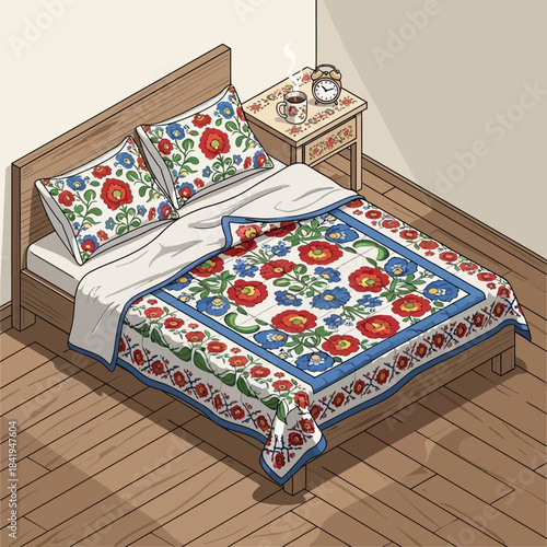 Cozy bedroom with floral bedding and detailed bedside table with decorative items