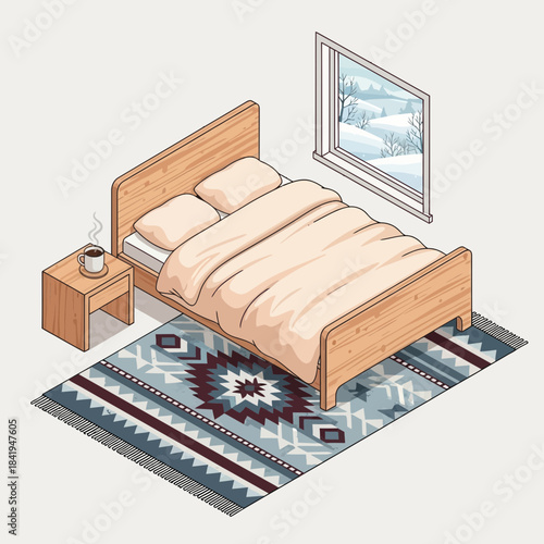 cozy bedroom with wooden bed and colorful rug showcasing interior design details and a window view