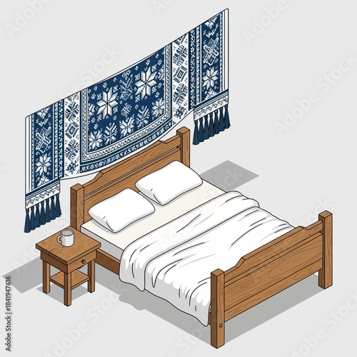 Cozy bedroom with wooden bed and decorative blue and white Nordic themed curtains for a peaceful
