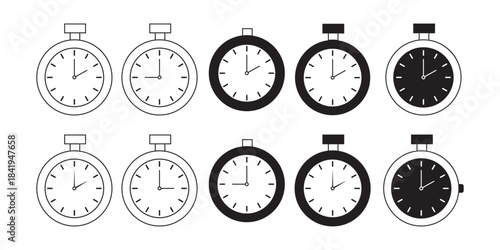 A collection of stopwatch icons in various styles, showcasing timekeeping and precision, vector illustration,  isolated on a white background.