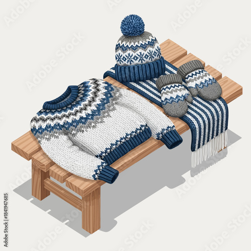 Cozy winter knitwear and accessories on wooden table for cold weather fashion and warmth