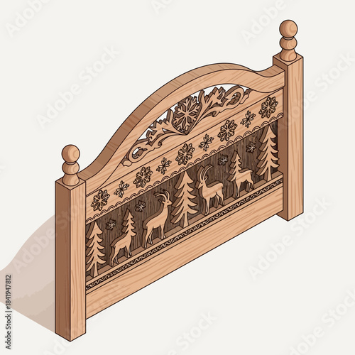 Decorative wooden headboard with intricate carved design featuring reindeer and pine trees for