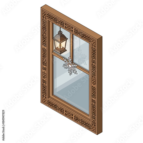 Decorative wooden window frame with intricate carvings, hanging lantern and snowflake ornament for