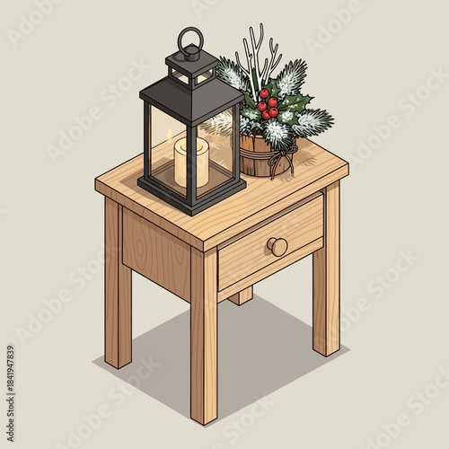 Elegant holiday centerpiece with lantern candle and festive floral arrangement on wooden table