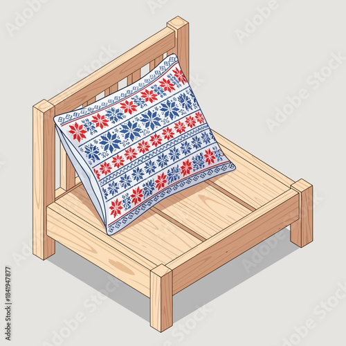 illustration of a wooden bed with a decorative patterned pillow in a minimalistic style