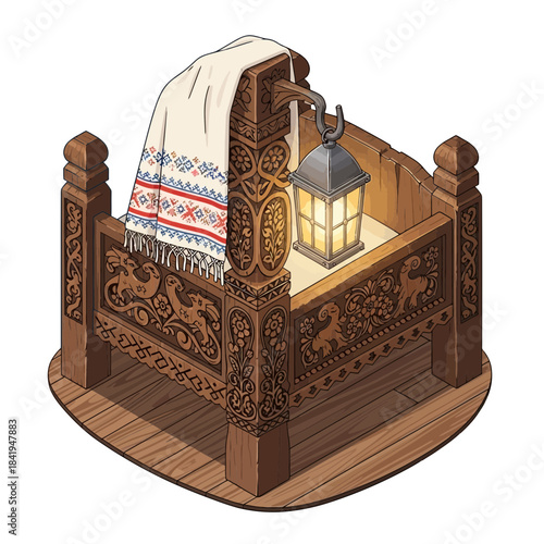 Intricately Carved Wooden Bed Frame with a Decorative Traditional Blanket and Lantern Light