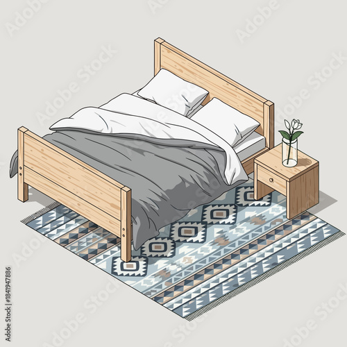 minimalist bedroom with natural wood furniture and cozy bedding with geometric rug