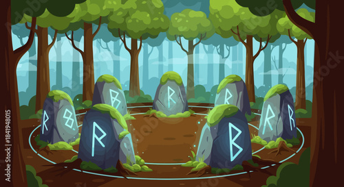 Ancient Rune Stones in a Mystical Forest Circle.