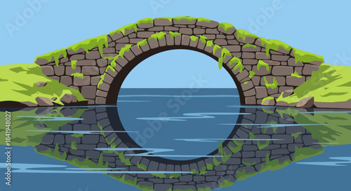 Ancient Stone Arch Bridge Spanning Calm Water with Reflection.
