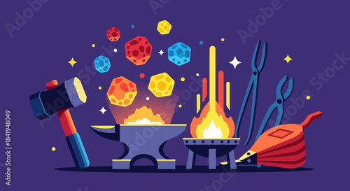 Blacksmith tools with glowing forge and colorful gems.