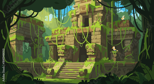 Ancient jungle temple ruins hidden deep within a lush, overgrown forest.