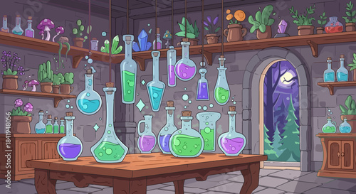 Assortment of colorful potion bottles on a wooden table.