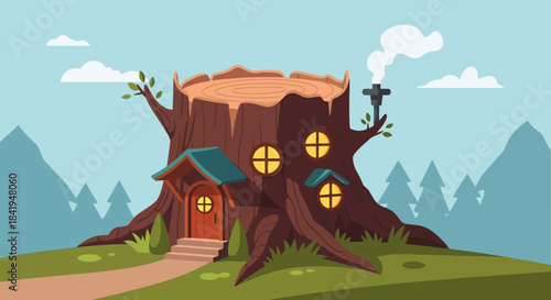 Charming fantasy tree stump house with glowing windows.