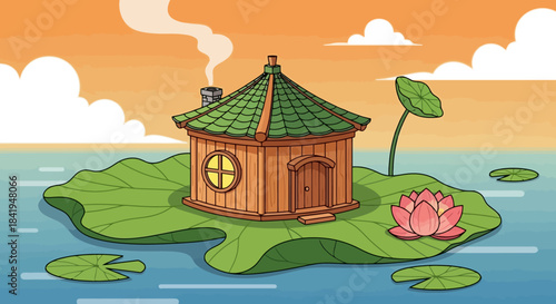 Charming Round Wooden House with Green Roof on a Giant Lily Pad.