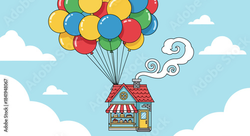 Charming House Carried Away by a Cluster of Colorful Balloons.