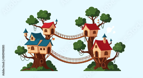 Charming Treehouses Connected by Rope Bridges in a Whimsical Forest Setting.