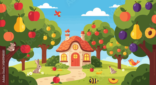 Charming fairytale cottage nestled in a vibrant fruit orchard.