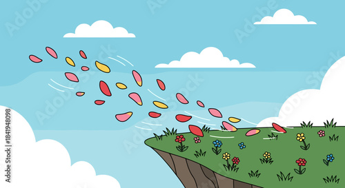 Colorful Petals Blown by Wind from a Grassy Cliff Edge.