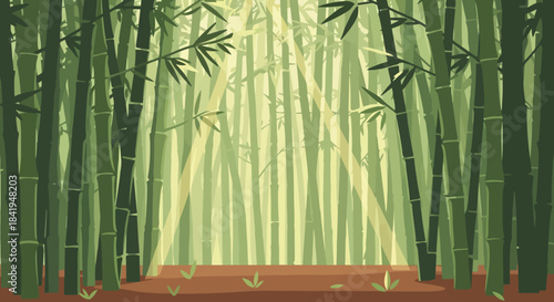 Empty wooden stage in a vibrant bamboo forest with sunbeams.