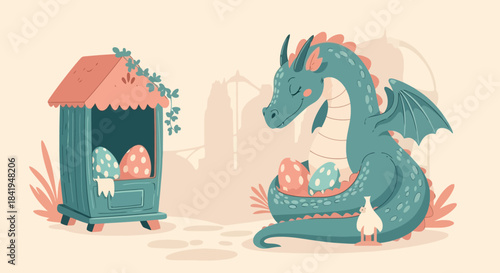 Dragon with its eggs next to a small house with eggs.
