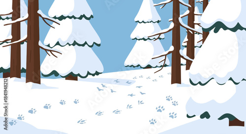 Footprints in the snow leading through a winter forest.