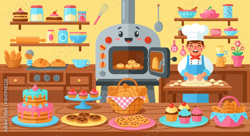 Happy Baker Preparing Dough in a Lively Bakery Kitchen.